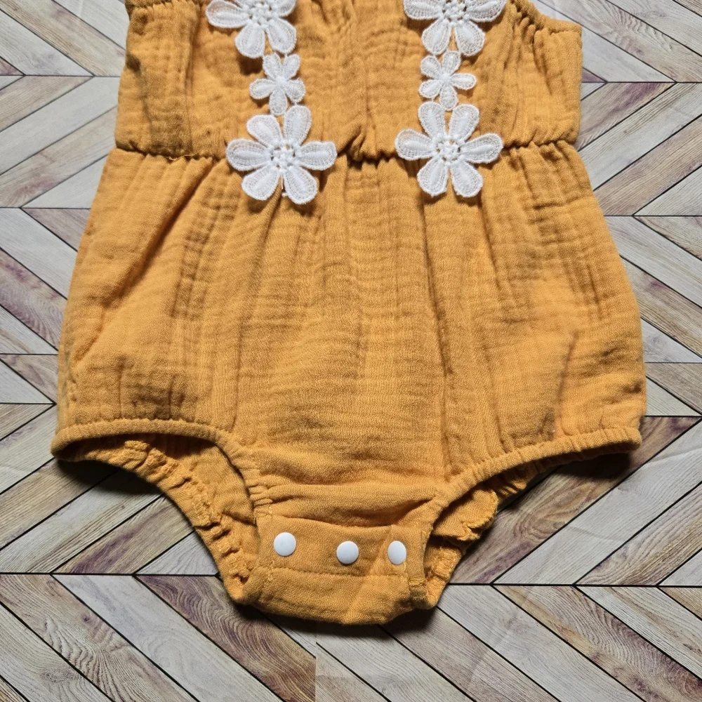 Mustard Yellow Baby Romper White Floral Crochet Detail Boho Summer Outfit 12-18M